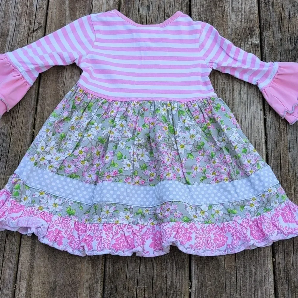 Three Sisters 18 Months Bell Sleeve Ruffle Skirt Dress Floral Pink White Stripes